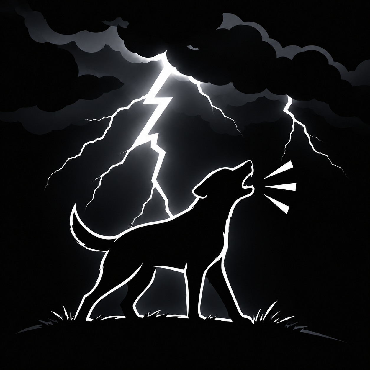 Black-and-white image of a dog under lightning and thunder Black-and-white image of a dog under lightning and thunder