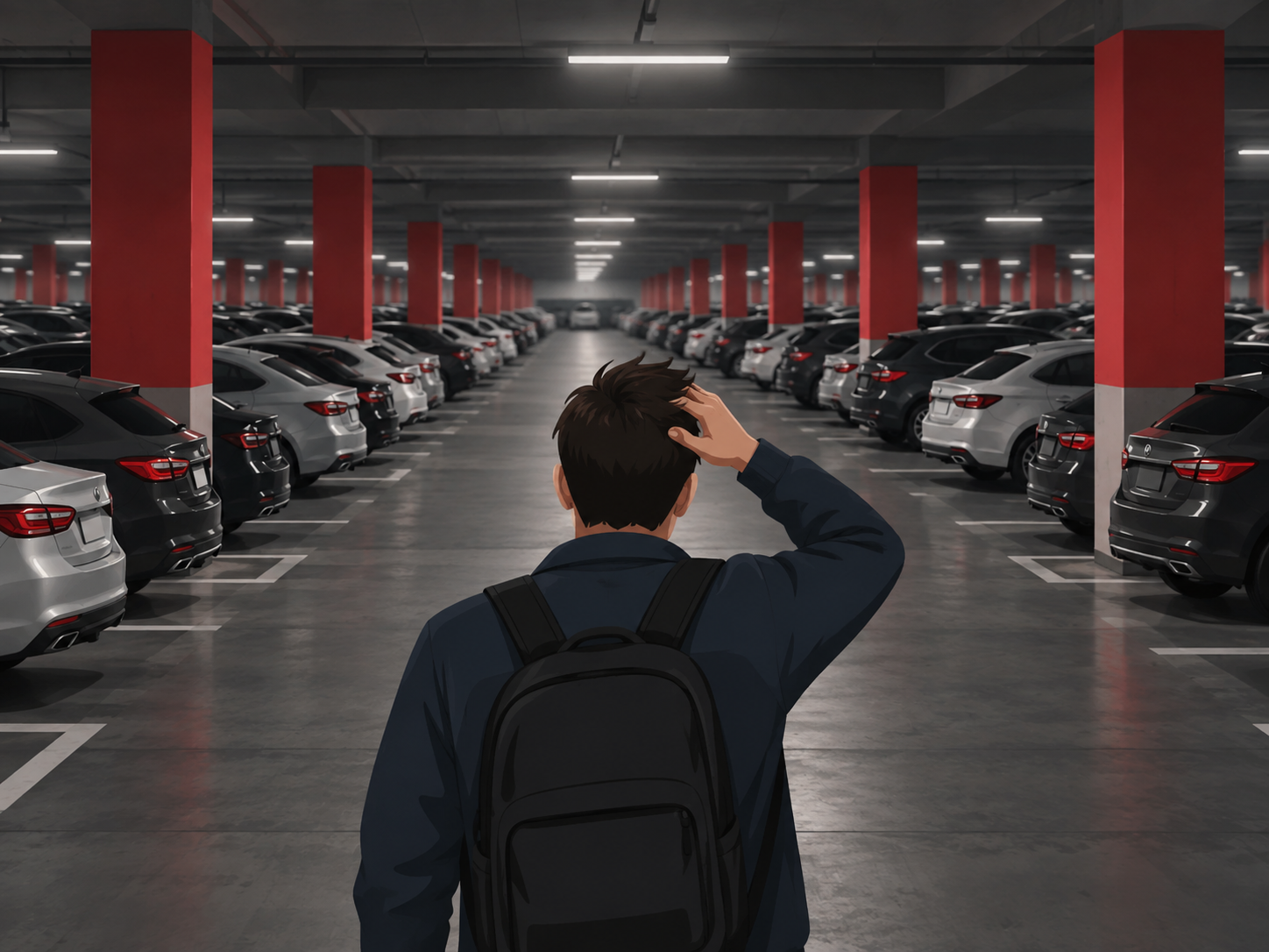 Person searching for a car in a repetitive underground parking garage Person searching for a car in a repetitive underground parking garage